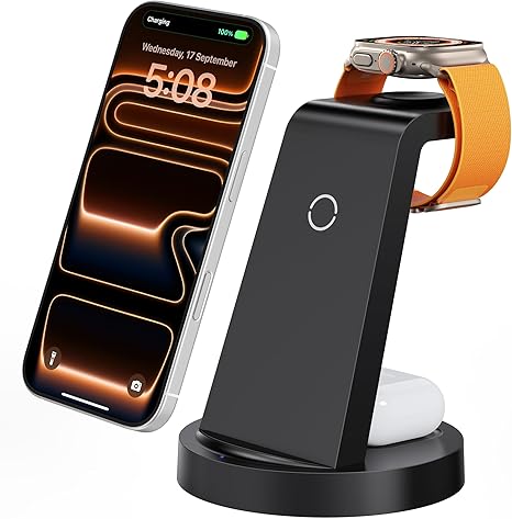 The 3-in-1 charging station is compatible with iPhone 17, 16e, 16, and Apple Watch